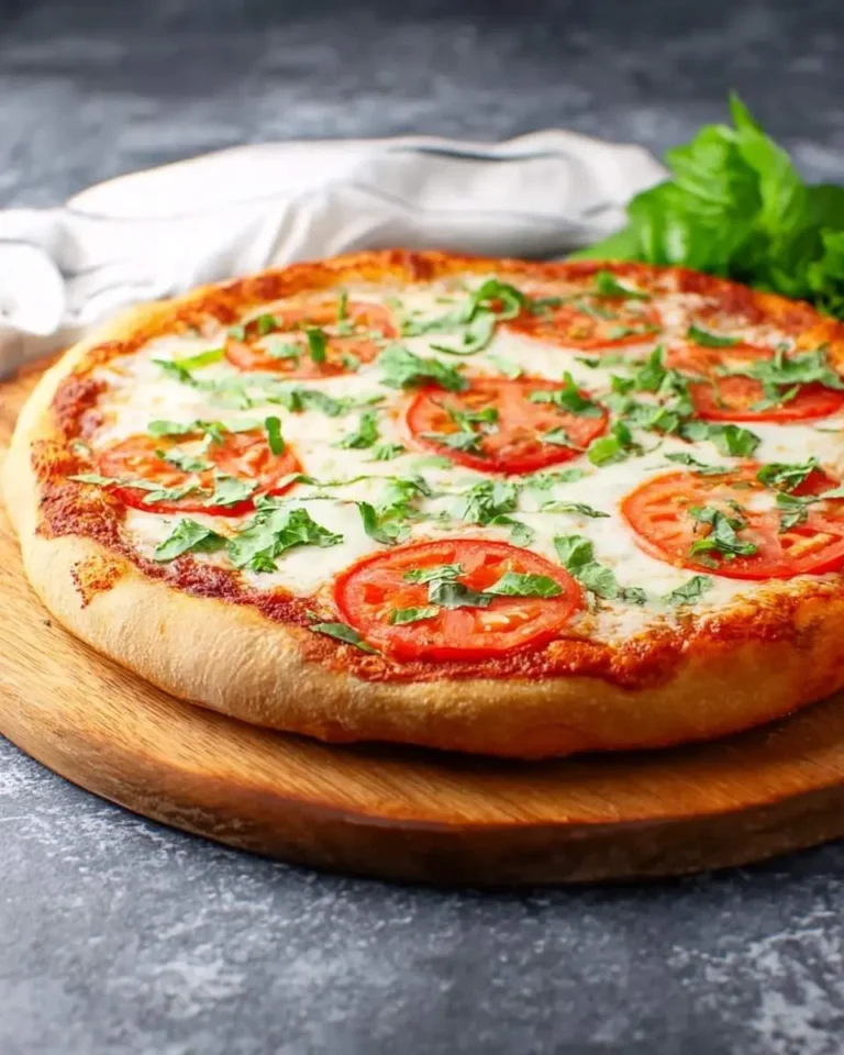 A freshly baked Margherita Pizza topped with sliced tomatoes, melted mozzarella cheese, and fresh basil leaves on a wooden serving board.