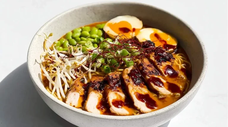 A close-up of a vibrant bowl of Marry Me Chicken Ramen, featuring sliced chicken, soft-boiled eggs, edamame, bean sprouts, and green onions in a rich, reddish broth.