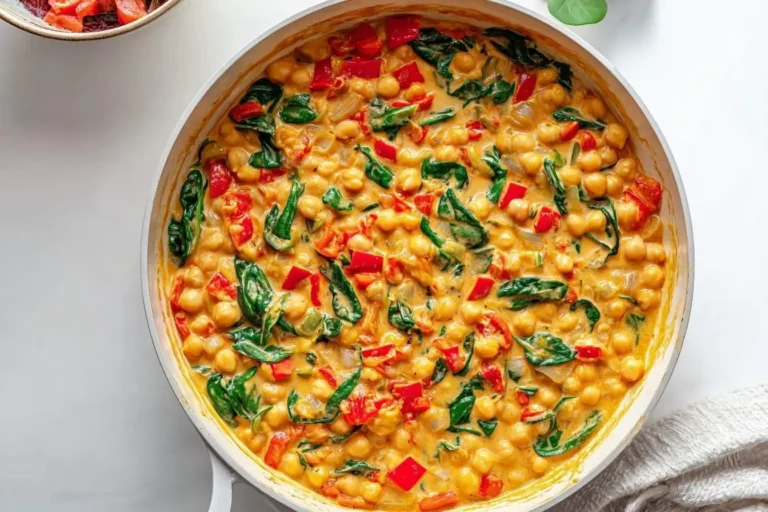 Overhead shot of creamy Marry Me Chickpeas with vibrant spinach and red bell peppers in a white pan, ready to be served.