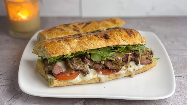 A gourmet Marry Me Steak Sandwich on a toasted baguette, featuring thinly sliced steak, melted cheese, caramelized onions, tomatoes, and arugula.