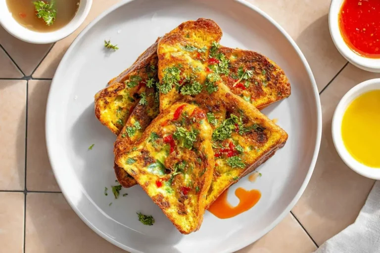 A plate of savory Masala French Toast slices, golden brown and topped with fresh green herbs and red chili flakes.