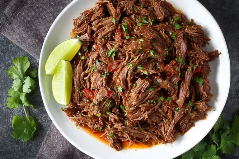 A white plate filled with savory mexican shredded beef garnished with fresh cilantro and two lime wedges on a dark background.