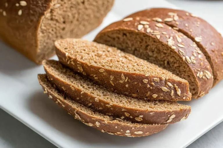 Slices of delicious Molasses Brown Bread with a whole loaf in the background, topped with oats, on a white plate.