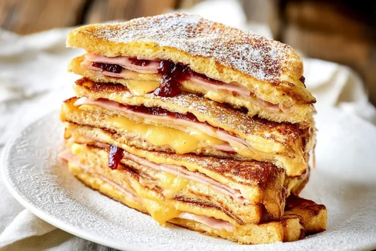 A towering stack of golden-brown Monte Cristo sandwiches, layered with ham, melted cheese, and raspberry jam, dusted with powdered sugar on a white plate.