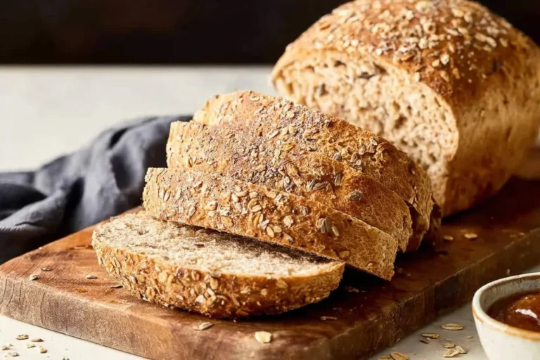 A rustic loaf of freshly sliced multigrain bread on a wooden cutting board, topped with various seeds and oats.