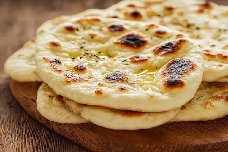 A stack of freshly baked Naan bread brushed with oil and herbs, served on a rustic wooden board.