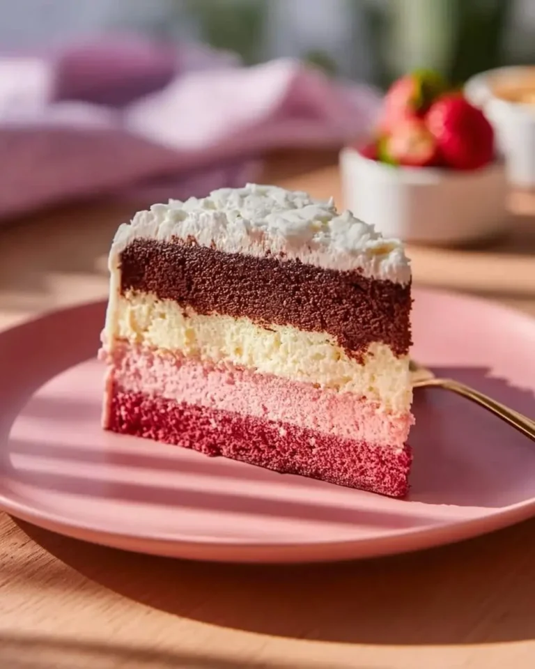 A vibrant slice of neopolitan cake on a pink plate, showing layers of red, pink, cream, and chocolate sponge with white frosting.