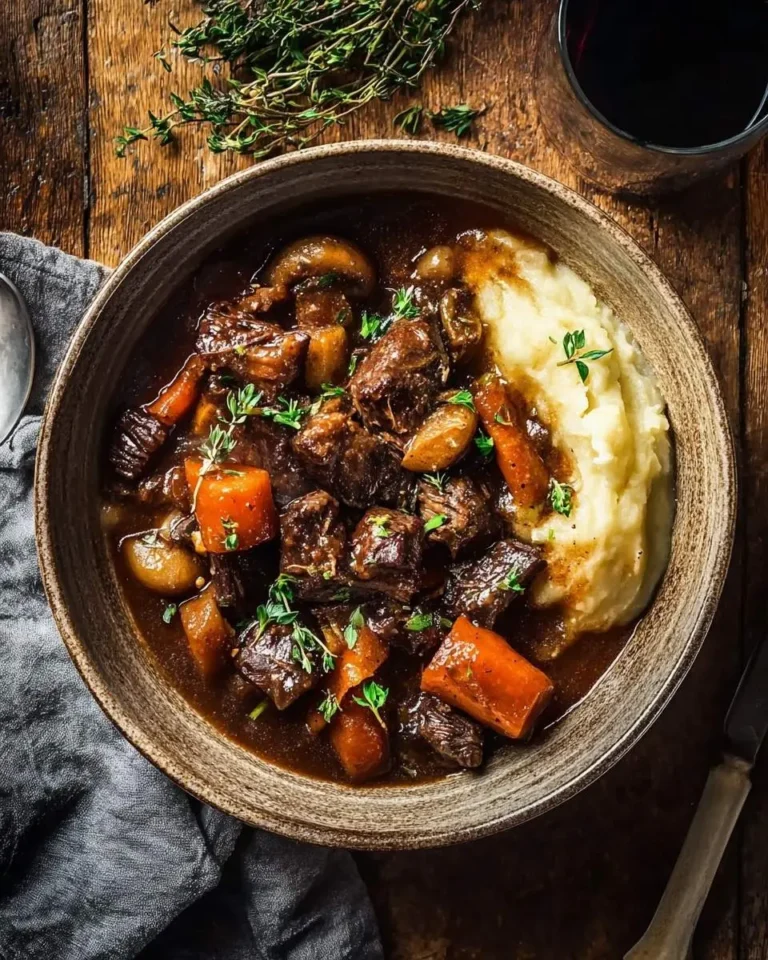 Delicious One Pot Beef Bourguignon in a rustic bowl with tender beef, carrots, mushrooms, mashed potatoes, and fresh thyme.