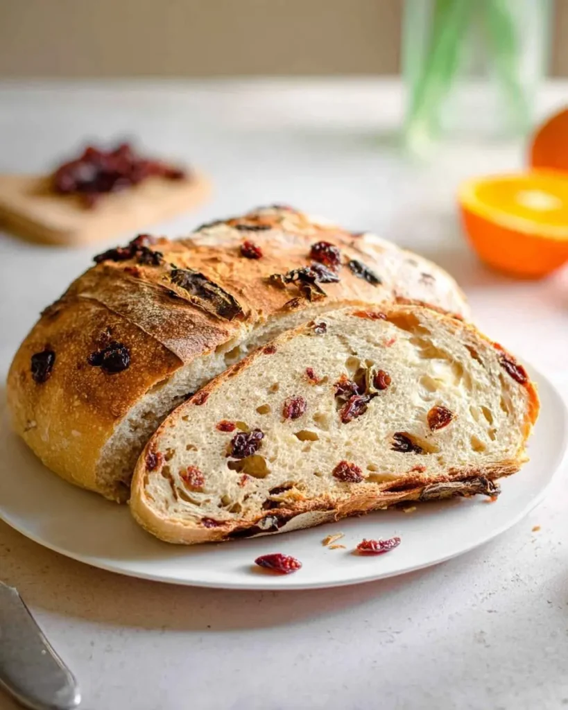 A freshly baked Orange Cranberry Sourdough Bread loaf, with a slice cut out, sits on a white plate, showcasing its fruit-studded interior.