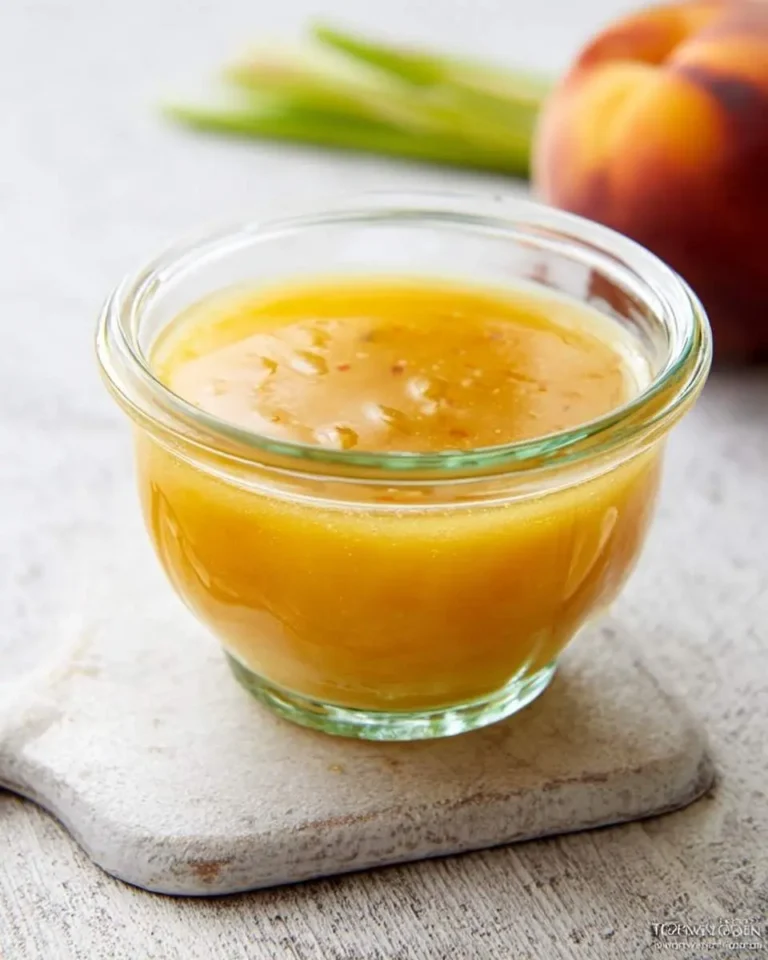 A clear glass jar filled with vibrant yellow Peach Vinaigrette, with a fresh peach and green herbs blurred in the background.
