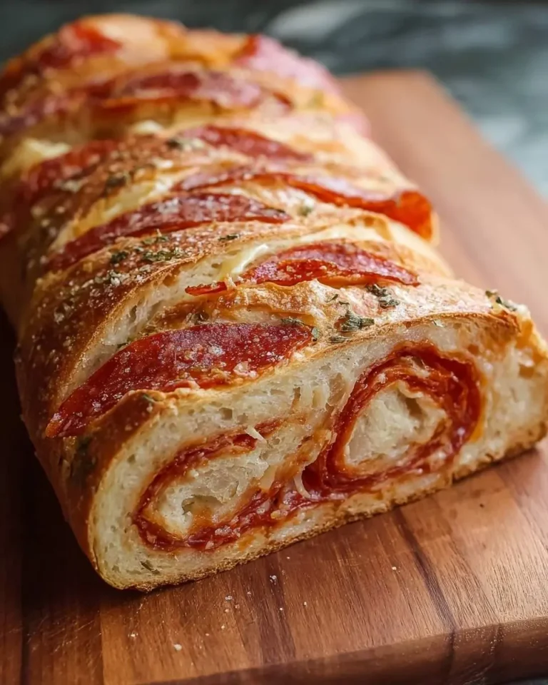 A close-up shot of a freshly baked Pepperoni Roll Sourdough Bread loaf, with slices revealing melted cheese and pepperoni, resting on a wooden cutting board.