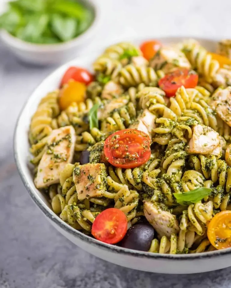 A vibrant Pesto Chicken Pasta Salad served in a white bowl, featuring spiral pasta, grilled chicken, cherry tomatoes, and black olives.