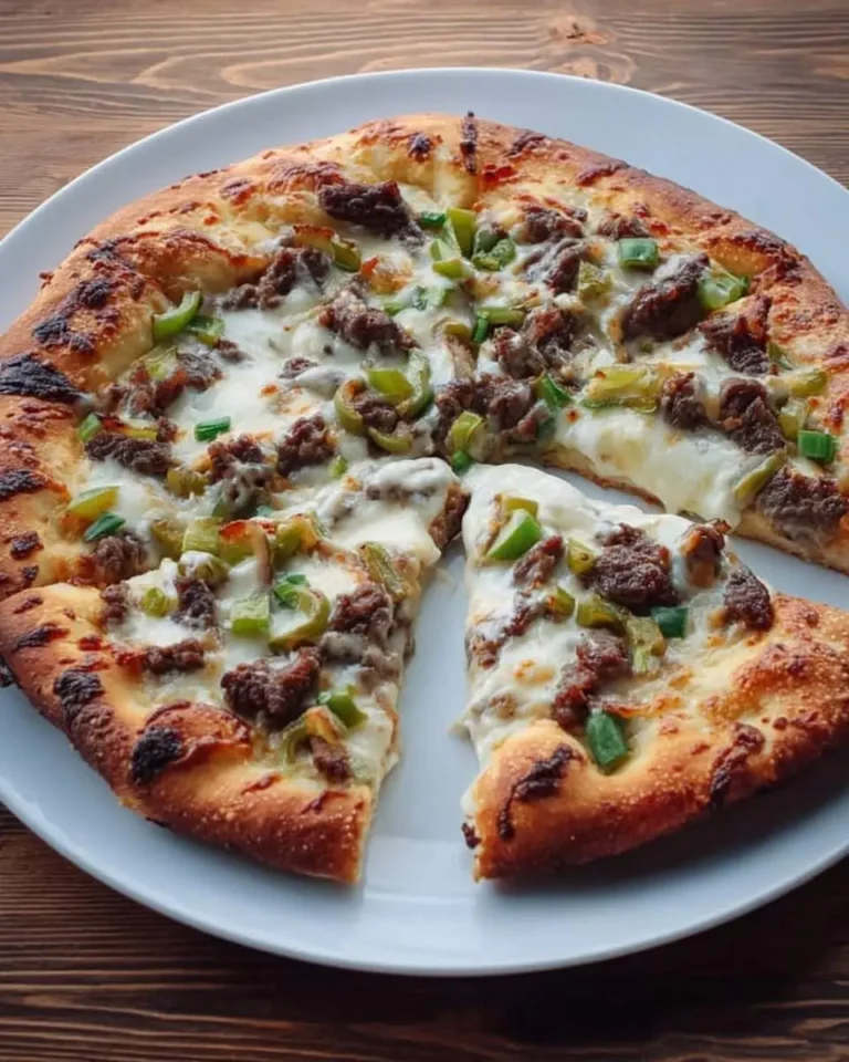 A freshly baked Philly Cheesesteak Pizza with a golden crust, melted mozzarella, savory meat, and green bell peppers on a white plate.