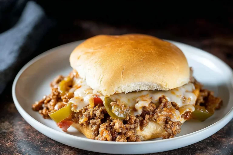 A delicious, cheesy Philly Cheesesteak Sloppy Joes sandwich with melted cheese, ground meat, and bell peppers on a white plate.