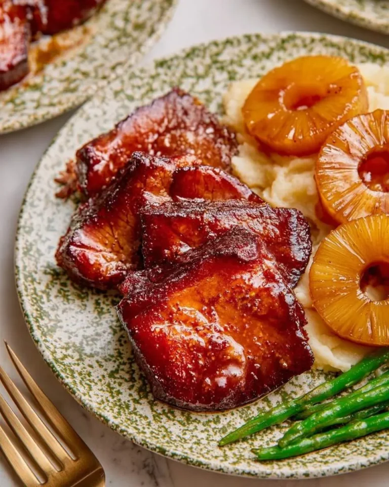 A close-up of shiny Pineapple Brown Sugar Glazed Beef served with mashed potatoes, caramelized pineapple, and green beans.