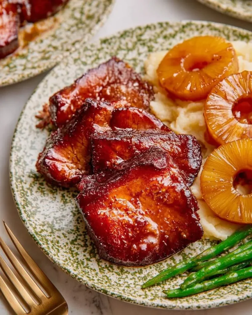 A close-up of shiny Pineapple Brown Sugar Glazed Beef served with mashed potatoes, caramelized pineapple, and green beans.