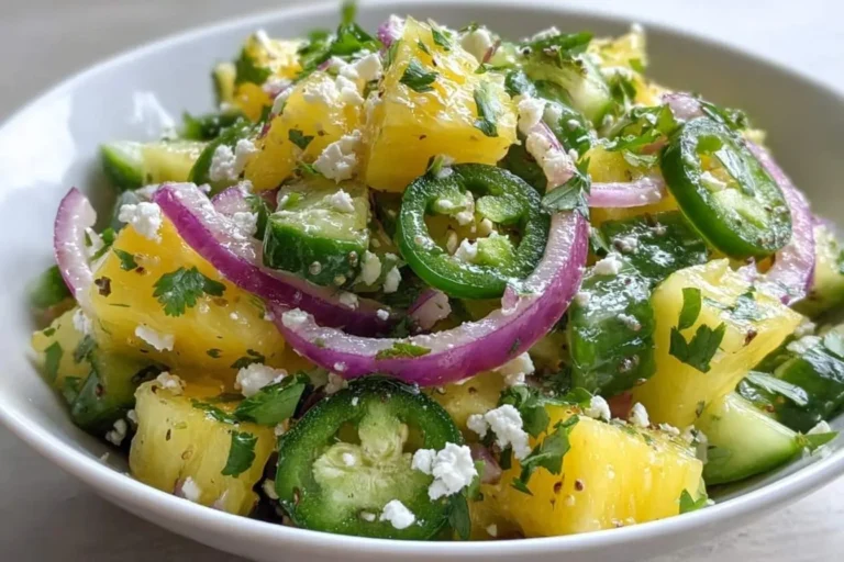 A vibrant pineapple cucumber salad in a white bowl with pineapple chunks, cucumber, red onion, jalapeños, and feta.