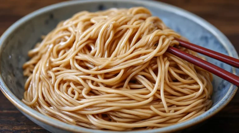 A serving of savory plain lo mein noodles in a ceramic bowl with chopsticks, perfect for a quick and easy Plain Lo Mein Noodles Recipe.
