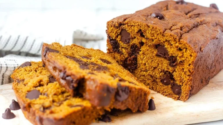 Delicious homemade Pumpkin Chocolate Chip Bread, sliced and ready to serve, showing a moist interior packed with melted chocolate chips on a wooden board.