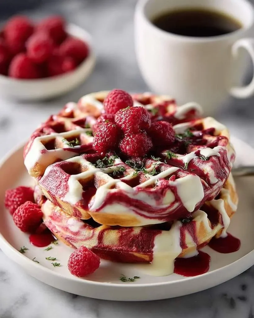 A stack of two Red Velvet Marble Waffles with white cream and berry sauce, garnished with fresh raspberries on a white plate.