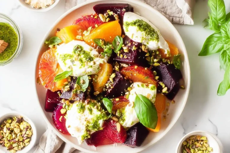 A colourful Roasted Beets and Carrots Salad with Burrata, blood orange, pesto, pistachios, and basil in a white serving dish.