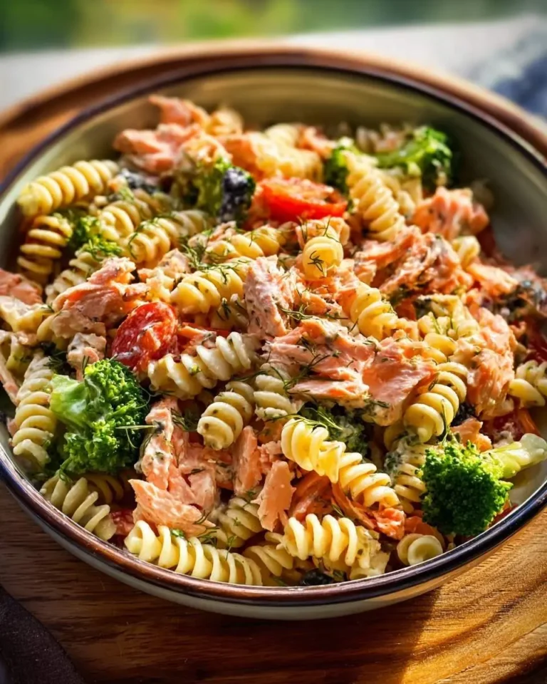A vibrant bowl of salmon pasta salad featuring fusilli, tender flaked salmon, fresh broccoli, and cherry tomatoes, garnished with dill.