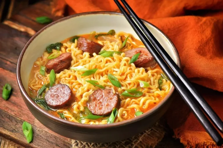 A close-up shot of a steaming bowl of delicious Sausage Ramen, garnished with fresh green onions and served with chopsticks.