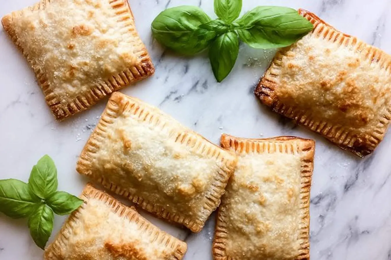 A top-down view of several golden-brown Savory Breakfast Pop-Tarts with crimped edges and fresh basil leaves on a white marble surface.