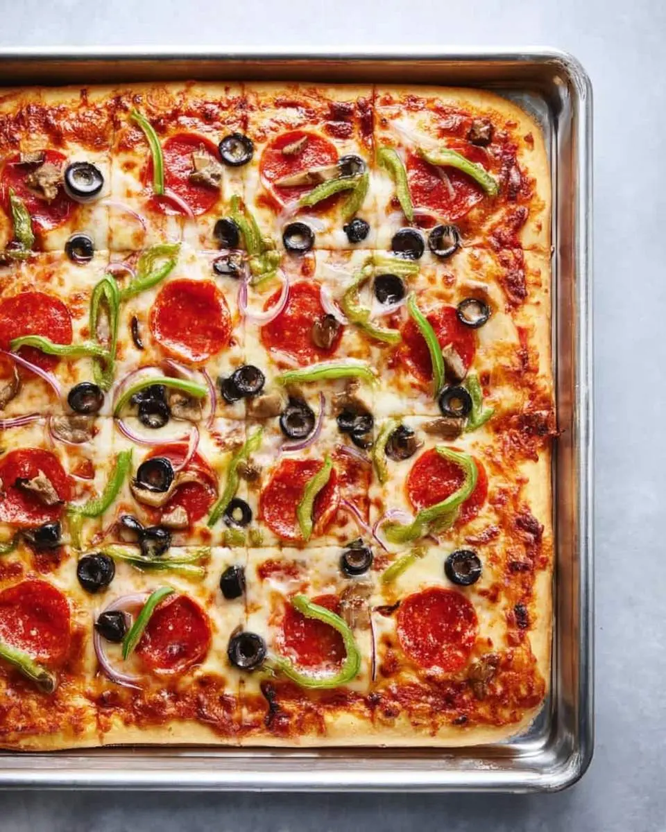 A rectangular Sheet Pan Pizza loaded with pepperoni, black olives, green peppers, red onions, and mushrooms, fresh from the oven.