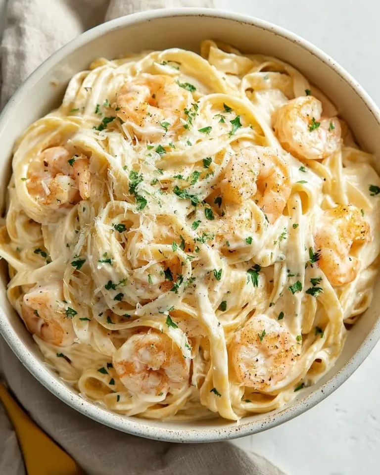 A close-up of a delicious bowl of creamy Shrimp Alfredo Fettuccine, garnished with fresh parsley and grated Parmesan cheese.