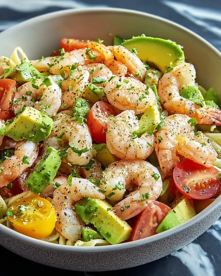 A vibrant bowl of Shrimp and Avocado Pasta Salad, featuring perfectly cooked shrimp, creamy avocado, and colorful cherry tomatoes, garnished with fresh herbs and black pepper.