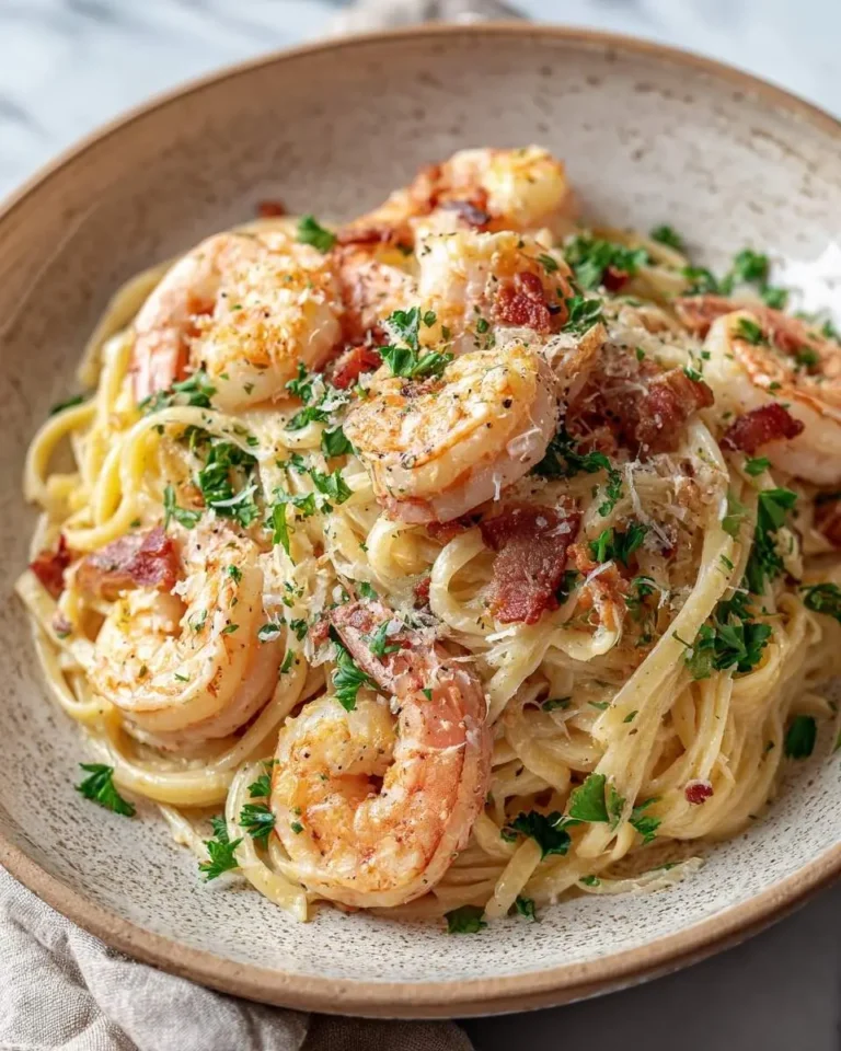 A close-up shot of a creamy Shrimp Carbonara dish served in a rustic bowl, garnished with fresh parsley and grated cheese.