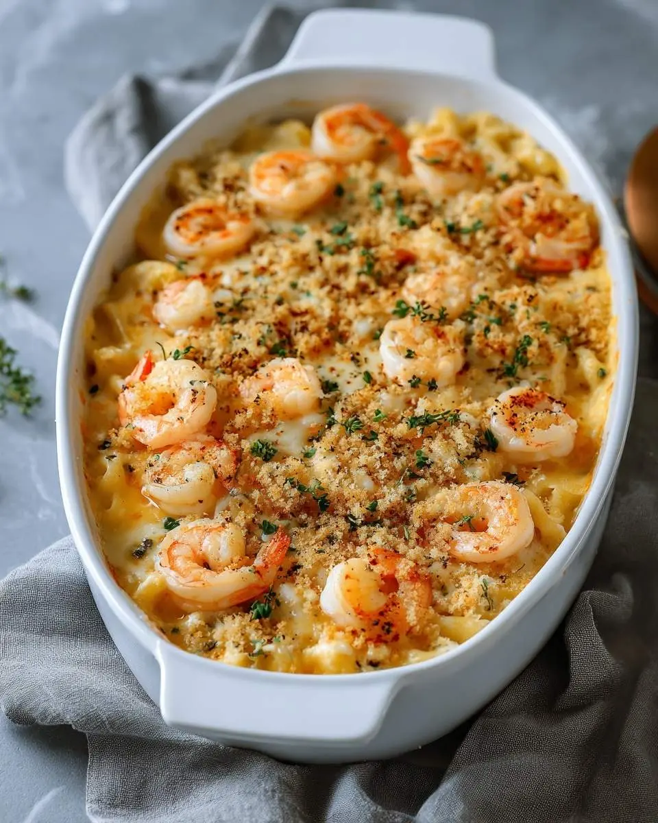 A baked Shrimp Casserole Recipe in a white oval dish, featuring creamy pasta, succulent shrimp, golden breadcrumbs, and fresh herbs.