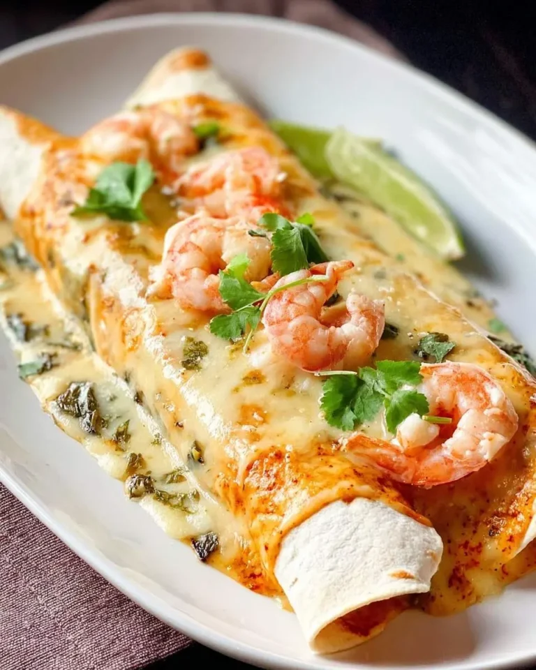 Delicious Shrimp Enchiladas topped with melted cheese, fresh cilantro, and a creamy sauce, served with a lime wedge on a white plate.