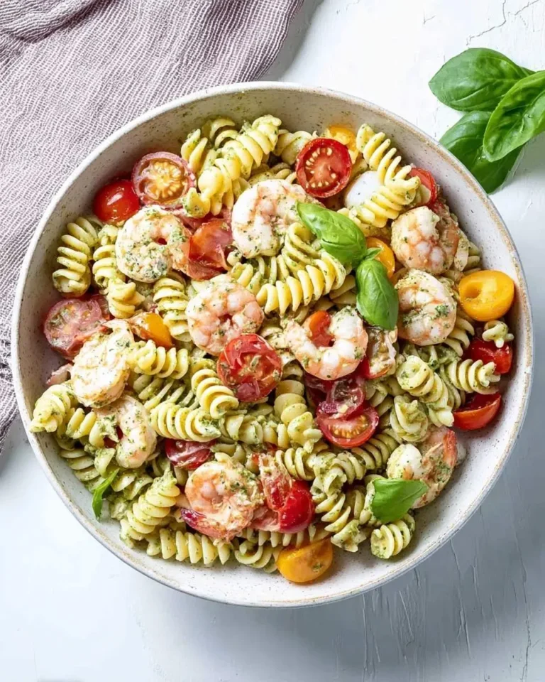 A top-down view of a delicious Shrimp Pasta Salad in a white bowl, featuring fusilli pasta, fresh basil, cherry tomatoes, and seasoned shrimp.