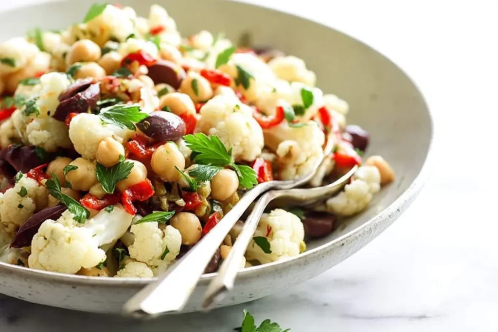 A vibrant bowl of Sicilian Cauliflower Salad with roasted cauliflower florets, chickpeas, Kalamata olives, red bell pepper, and fresh parsley, with serving spoons.