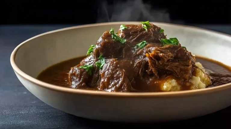 A steaming bowl of Slow Cooker Beef Manhattan featuring tender beef stew served over creamy mashed potatoes, garnished with fresh parsley.