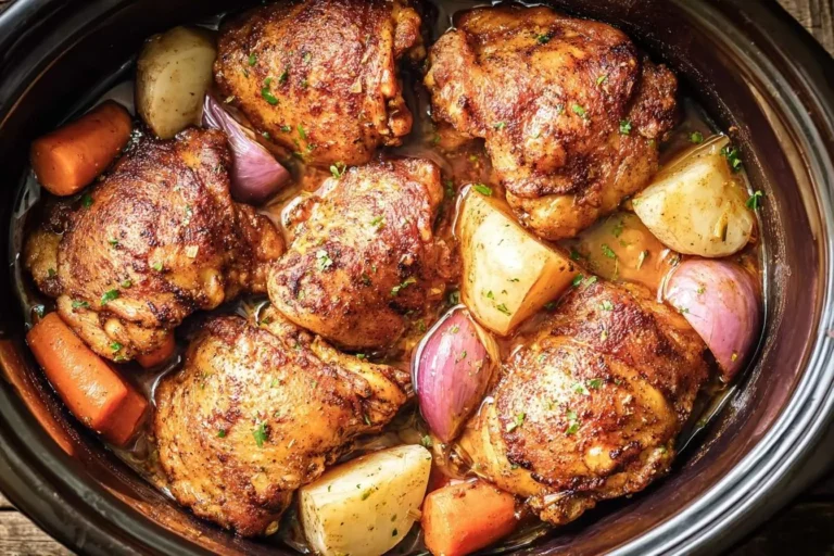 Close-up of golden brown Slow-Cooker Chicken Thighs with carrots, potatoes, and red onions simmering in a dark pot.