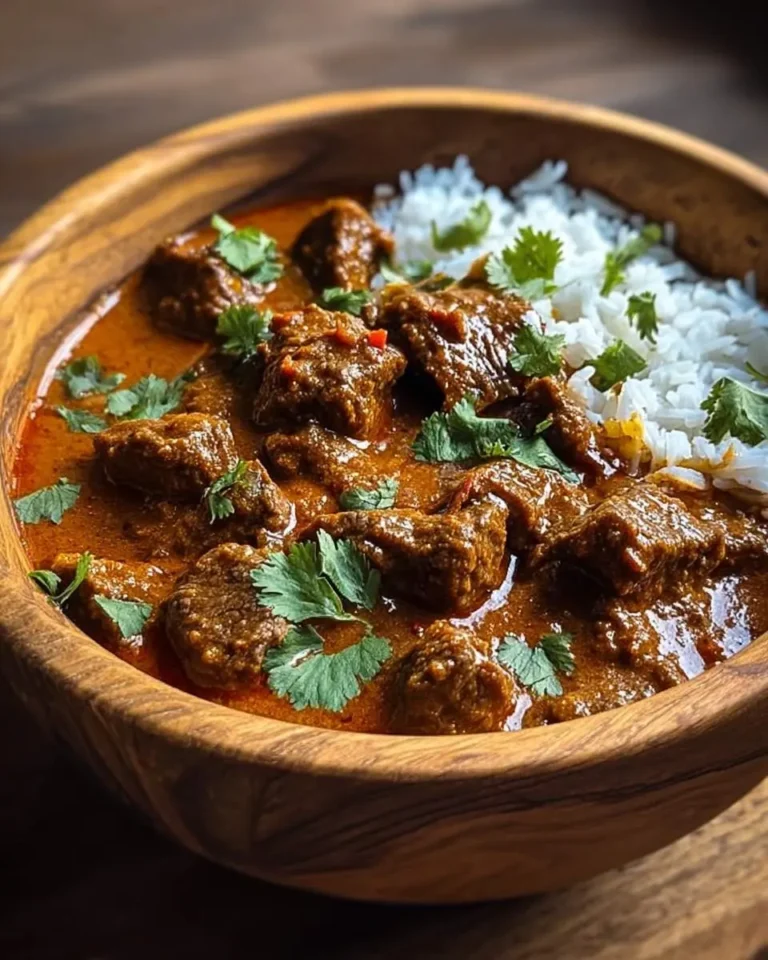 A rustic wooden bowl holds a delicious Slow Cooker Indian Beef Curry with tender meat, garnished with fresh cilantro and served with white rice.