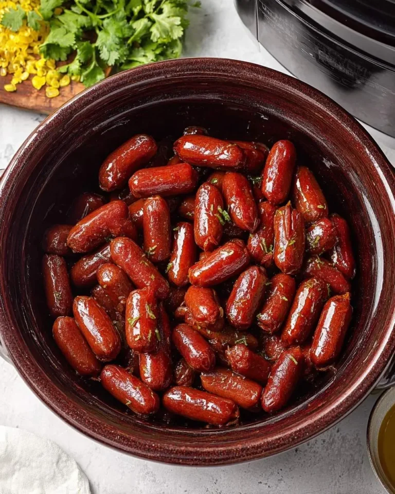 A brown serving bowl brimming with glossy, reddish-brown Slow Cooker Mississippi Lil Smokies, lightly garnished with fresh herbs.