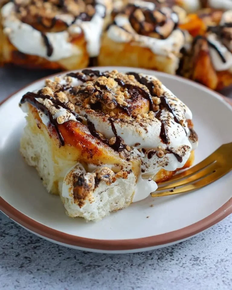 A delicious Smores Roll topped with toasted marshmallow, chocolate drizzle, and graham cracker crumbs on a white plate with a gold fork.