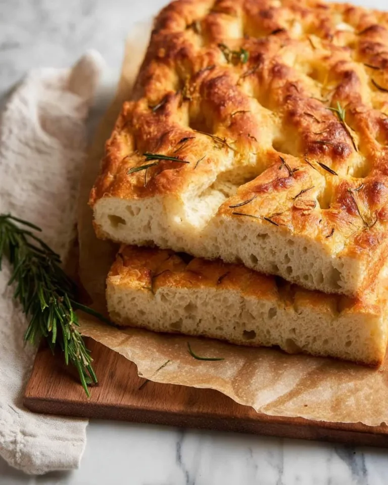 Close-up of golden-brown Sourdough Focaccia Bread, topped with rosemary, sliced and stacked on a wooden board.