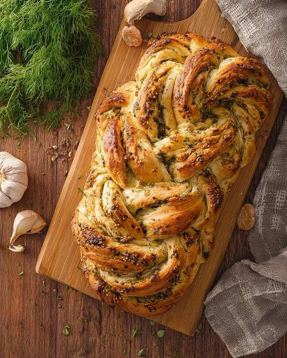 A golden-brown Sourdough Herb & Garlic Twist Loaf sits on a wooden board, surrounded by fresh dill and garlic.