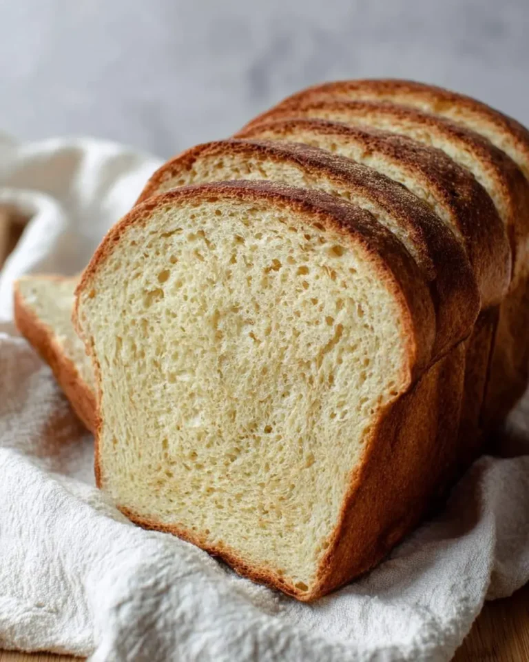 A beautifully sliced loaf of Sourdough Sandwich Bread resting on a white linen cloth, showcasing its soft crumb and golden crust.