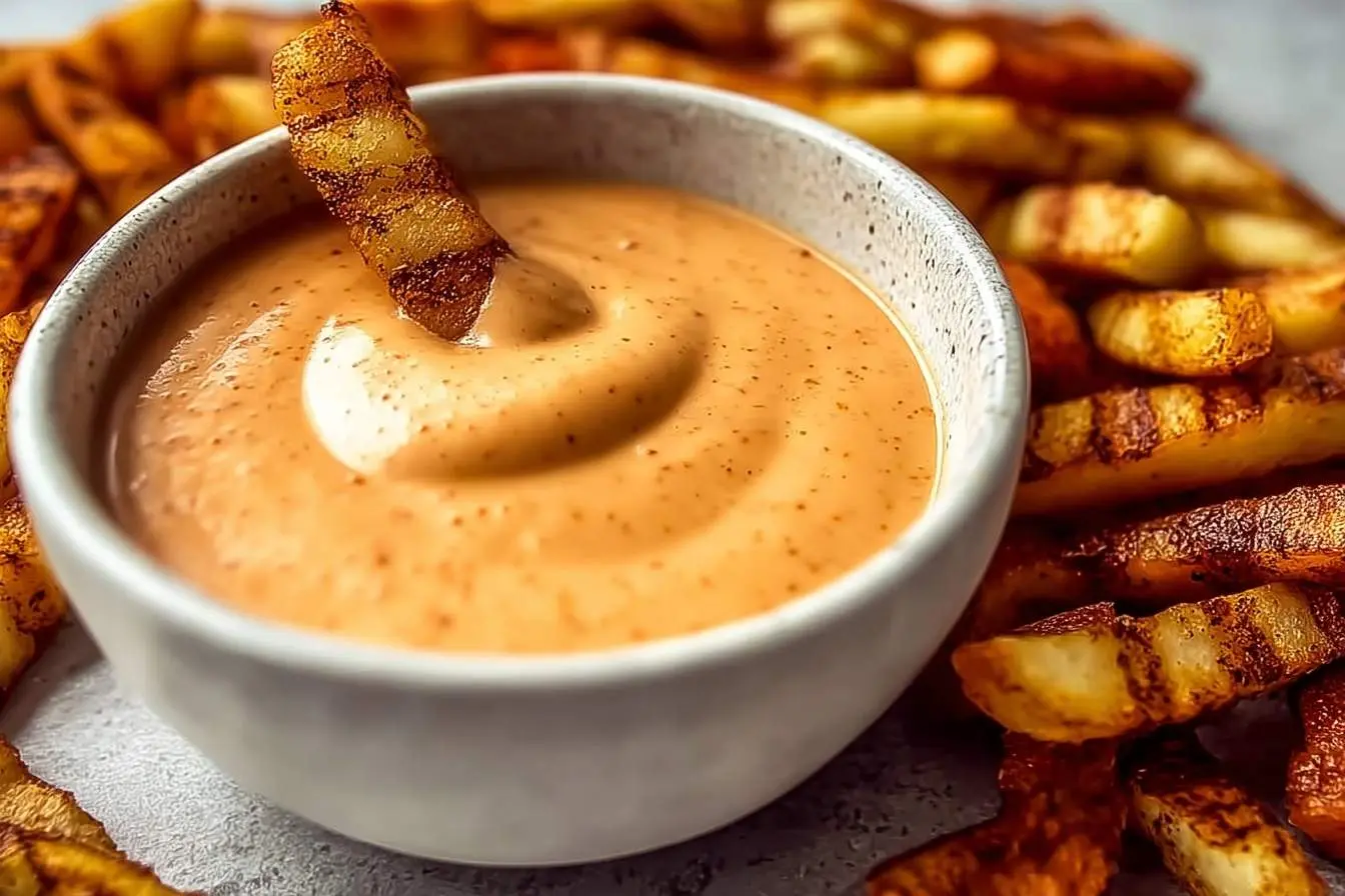 A crispy golden fry being dipped into a bowl of creamy Southern Comeback Sauce, surrounded by more seasoned fries.