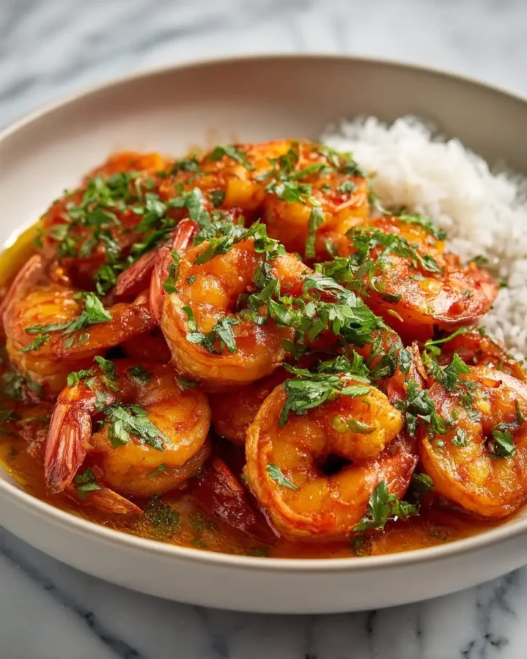 A delicious bowl of vibrant orange Spicy Voodoo Shrimp, generously garnished with fresh parsley, served alongside fluffy white rice.