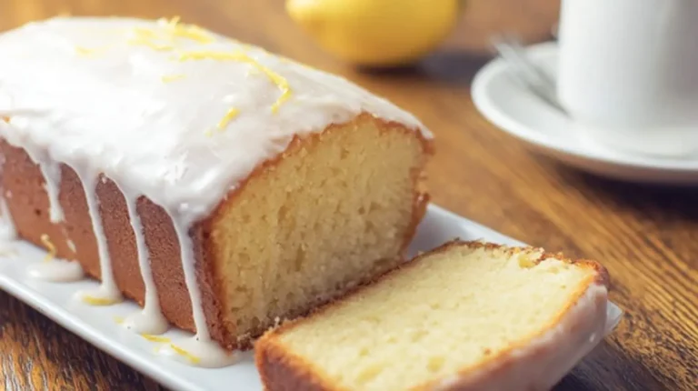 A whole Starbucks Copycat Lemon Loaf with a thick white glaze and lemon zest, with one slice cut and served on a white rectangular plate.
