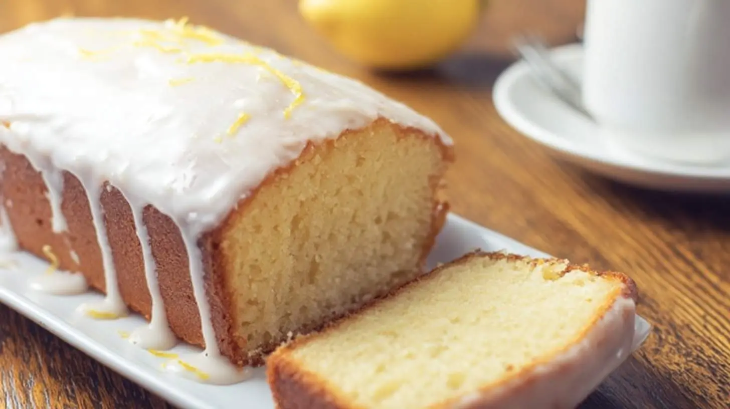 A whole Starbucks Copycat Lemon Loaf with a thick white glaze and lemon zest, with one slice cut and served on a white rectangular plate.