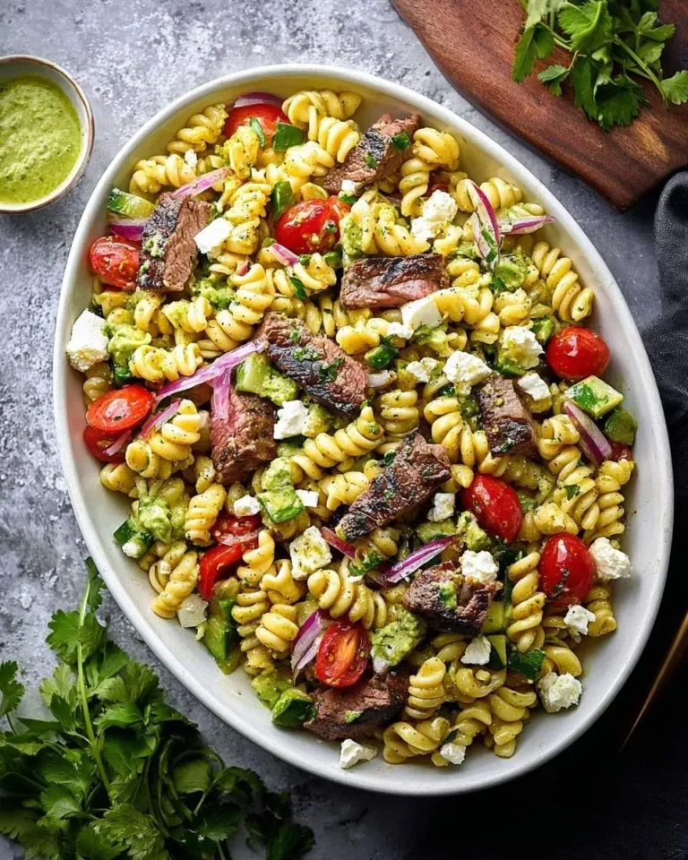 A colorful Steak Pasta Salad Recipe in a white bowl with grilled steak, fusilli, avocado, cherry tomatoes, feta, and red onion.