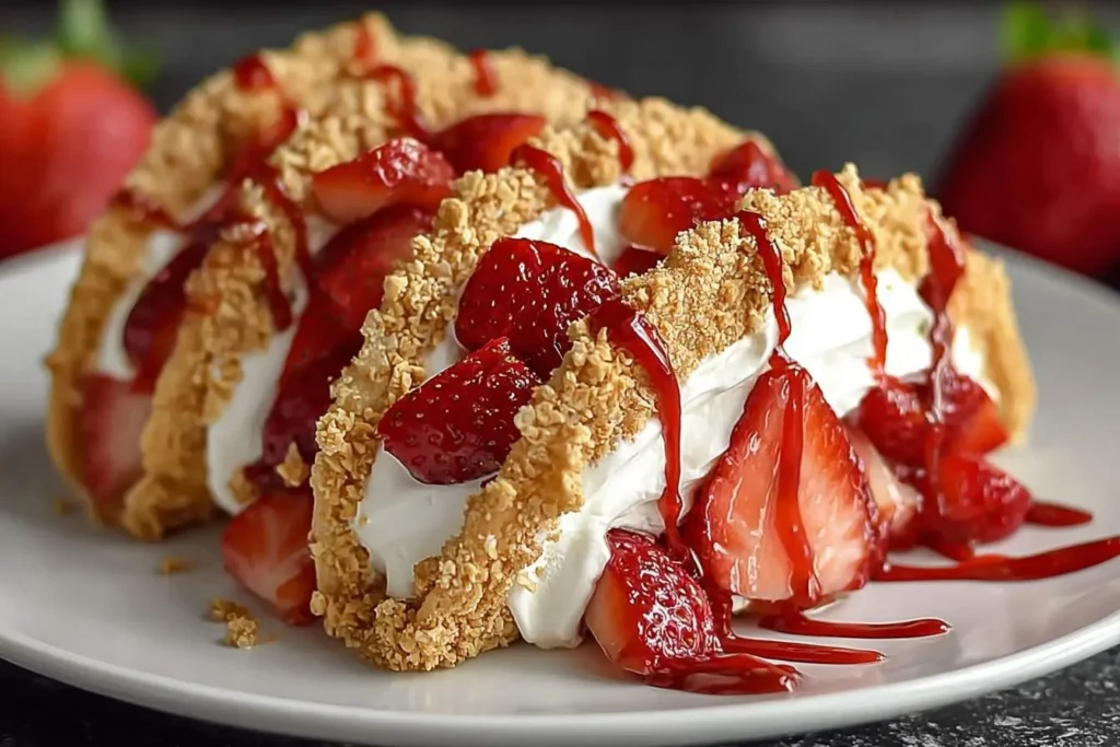 A close-up shot of two delicious Strawberry Crunch Cheesecake Tacos on a white plate, filled with cream, fresh strawberries, and strawberry sauce.